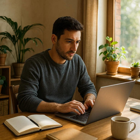 Photo of concentrated young man indoors at home using laptop computer. Looking aside.