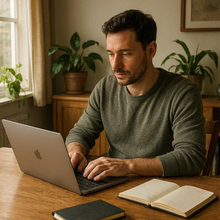 Serious man using laptop while sitting at table in living room at home