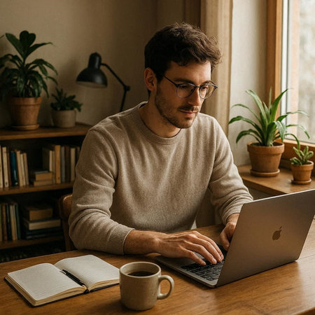 Handsome young man in eyeglasses using laptop and drinking coffee at home