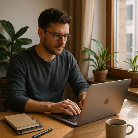 Image of a handsome young man indoors at home using laptop computer.