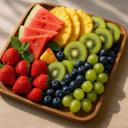 Fresh fruit salad in a wooden plate on a wooden table, top view