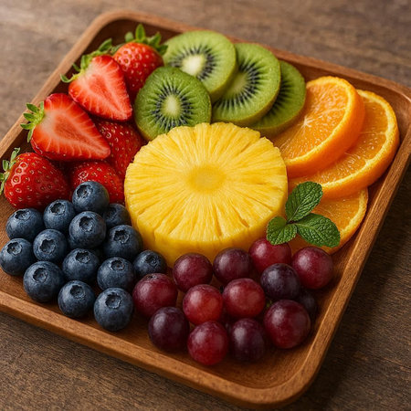 Fruit salad in a wooden plate on a wooden table. Close-up.