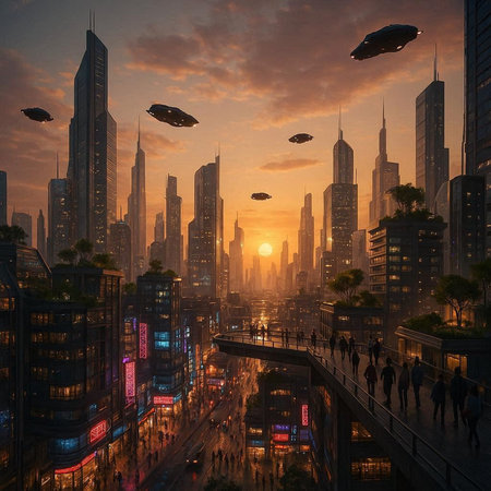 3D rendering of a city at sunset with flying saucers