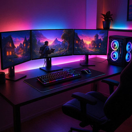 Vintage PC with colorful lights in a dark room, stock photoの写真素材