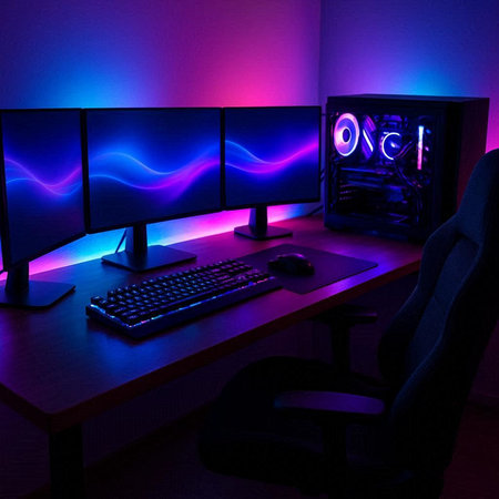 Computer desk with monitor, keyboard and mouse in blue and purple lightの写真素材