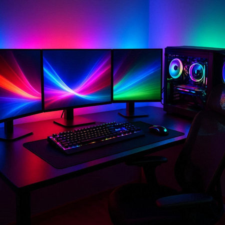 Professional computer monitors in dark room with colorful neon lights. Music conceptの写真素材
