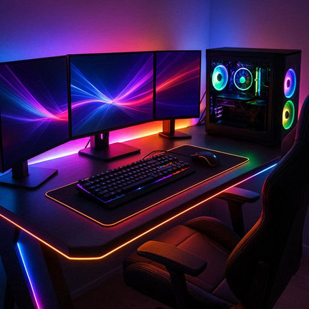 Computer room with colorful led lights, 3d render. Computer roomの写真素材