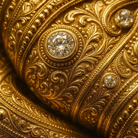 Jewelry diamond ring on gold background close up macro photo.の写真素材