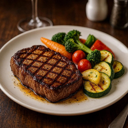Grilled Beef Steak with Vegetables on a Wooden Background.の写真素材