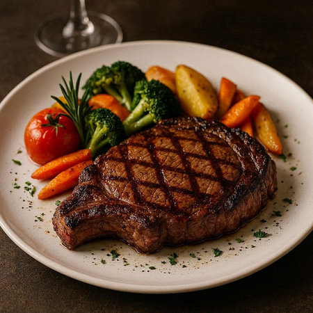 Grilled beef steak with baked potatoes and vegetables on a white plate