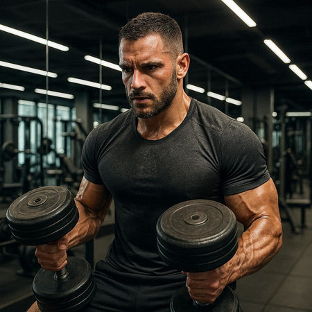 Portrait of a muscular man lifting dumbbells in a gymの写真素材