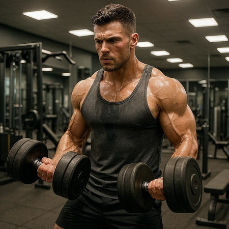 Handsome caucasian man working out with dumbbells in a gym