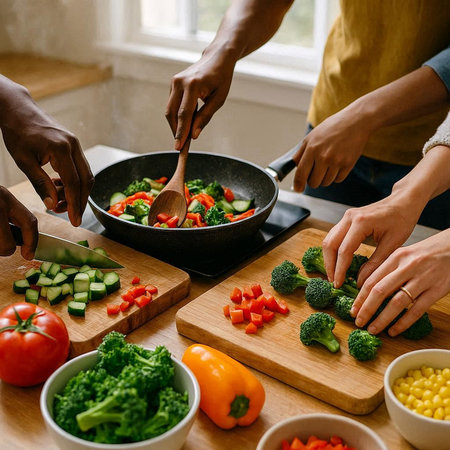 Close-up of young mixed race couple cooking healthy vegetable salad in kitchen.の写真素材