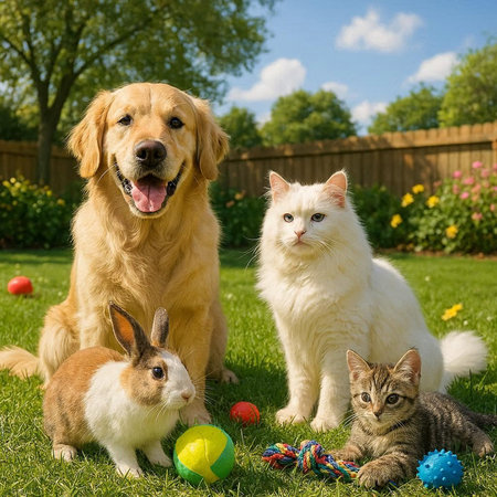 Cat, dog and rabbit in the garden. Pet care concept.の写真素材