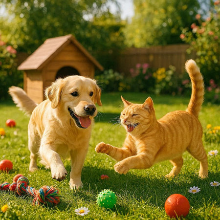 Golden Retriever and cat playing with balls in the garden.の写真素材