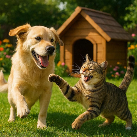 Cat and dog playing together in the garden. Concept of friendly family.