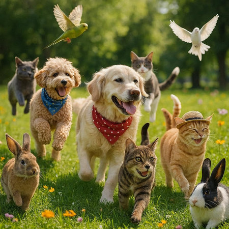 Group of dogs, cats and pets playing in the meadow.の写真素材