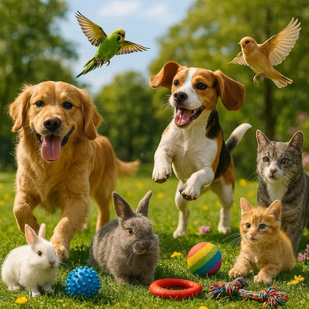 group of pets on the grass in the garden with toys and birdの写真素材