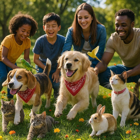 Group of friends having fun with their pets in the park on a sunny dayの写真素材
