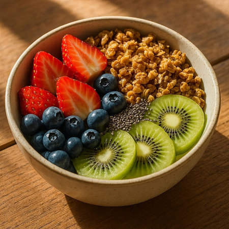 Healthy breakfast bowl with granola and fresh berries on wooden table