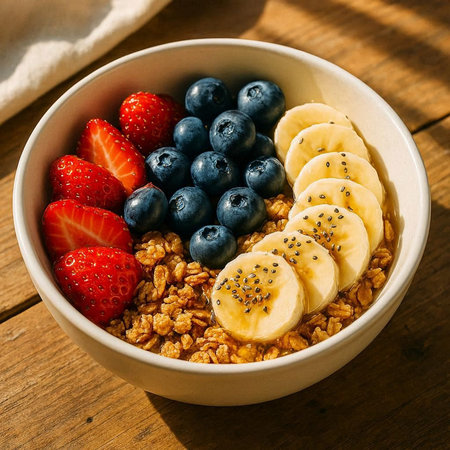 Healthy breakfast bowl with granola, blueberries, bananas and strawberries