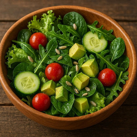 Fresh salad with avocado, cucumber, tomato and sesame seeds in a wooden bowlの写真素材