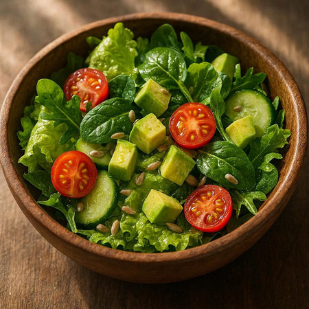 Fresh salad with arugula, avocado, cucumber and sesame seeds in wooden bowl