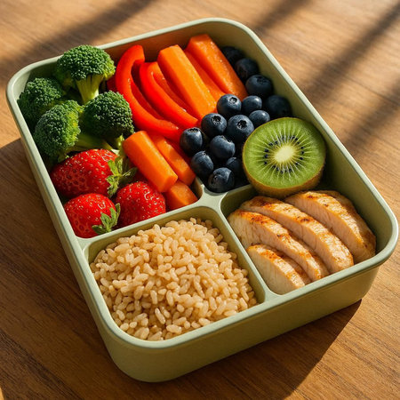 Healthy lunch box with rice, vegetables and chicken on wooden table