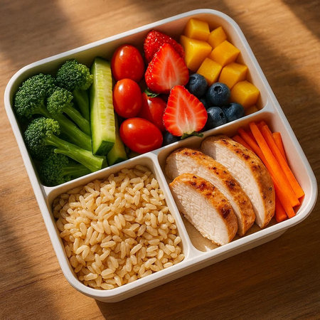 Healthy lunch box with chicken, vegetables and rice on wooden table