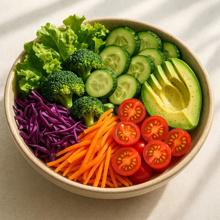 Vegetable salad with avocado, cucumber, tomato and lettuce in bowlの写真素材