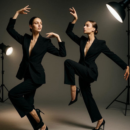 Two beautiful women in black suits posing in studio. Fashion shot.の写真素材