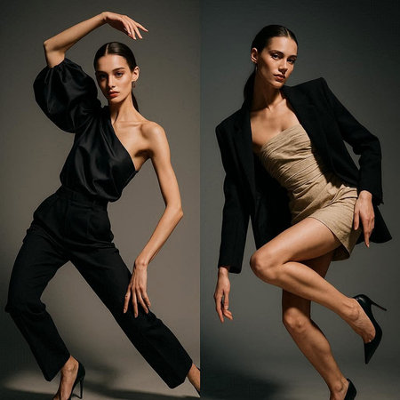 fashion photo of beautiful woman with dark hair in elegant clothes posing in studio