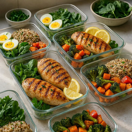 Healthy meal prep containers with chicken fillet, quinoa, vegetables and herbs, top view
