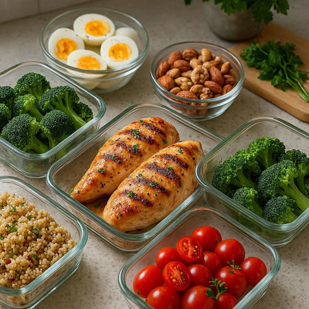 Healthy food in plastic containers. Chicken breast, quinoa, tomatoes, egg and nuts.の写真素材