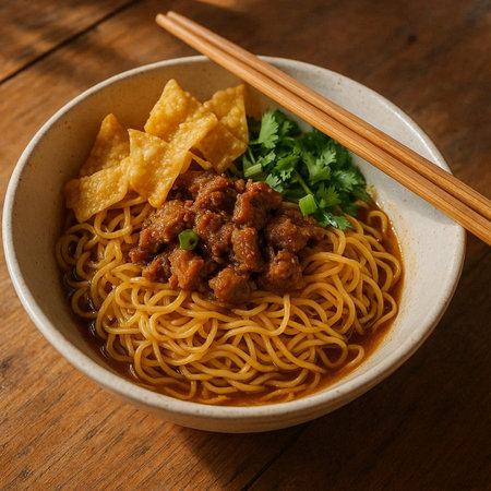 Chinese noodle with pork in a bowl on a wooden table.