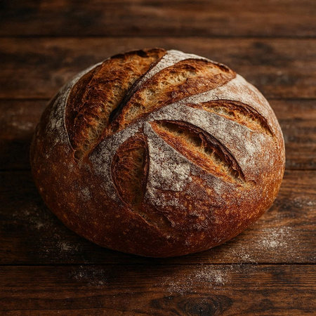 Freshly baked bread on wooden background. Top view. Copy space.
