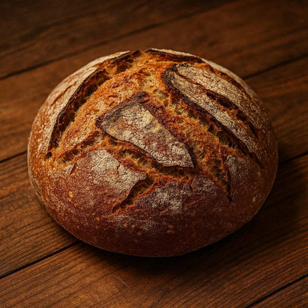 Freshly baked loaf of bread on wooden background. Top view.
