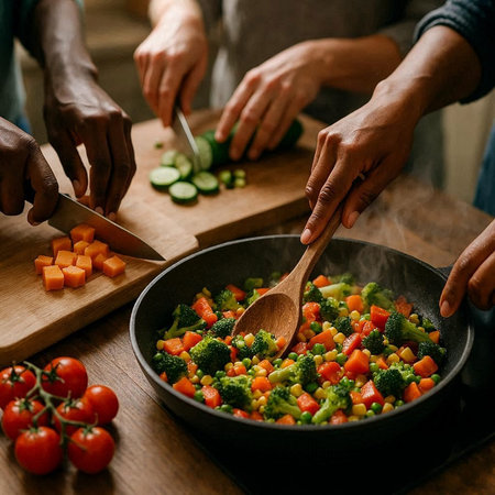 Cropped image of multiethnic couple cooking vegetable salad in kitchen