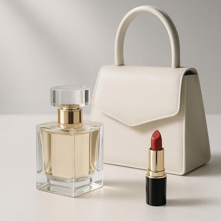 Lipstick, perfume bottle and handbag on white background.の写真素材