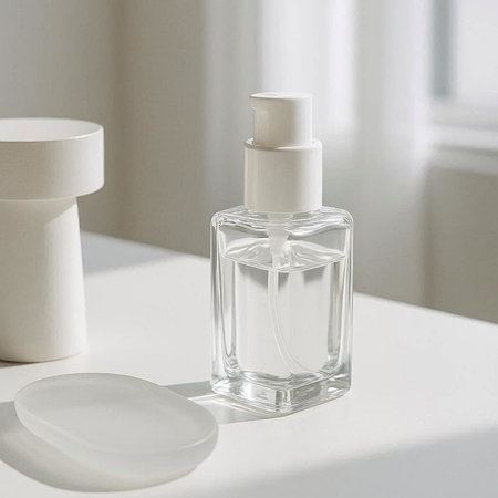 Cosmetic bottle on white table. Skincare products. Beauty concept