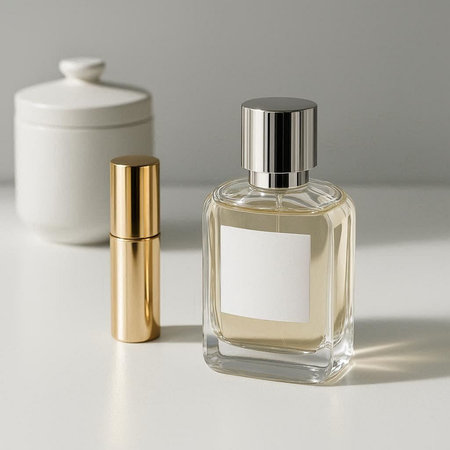 Bottle of perfume with blank label on white background. Mock up