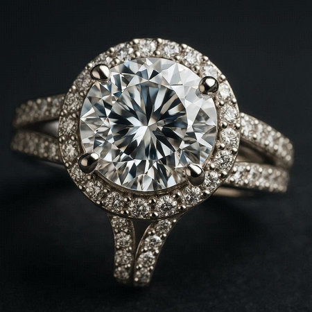 Jewelry ring with diamonds on a dark background close up.の写真素材