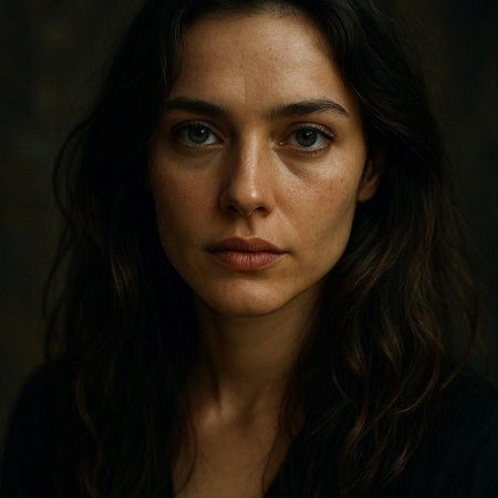 Portrait of a beautiful young woman with long dark hair looking at cameraの写真素材