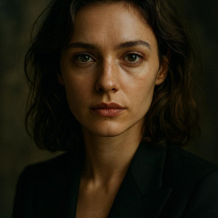 Portrait of a beautiful woman in a black suit on a dark backgroundの写真素材