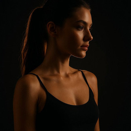 Portrait of a beautiful young woman in a black top on a dark background