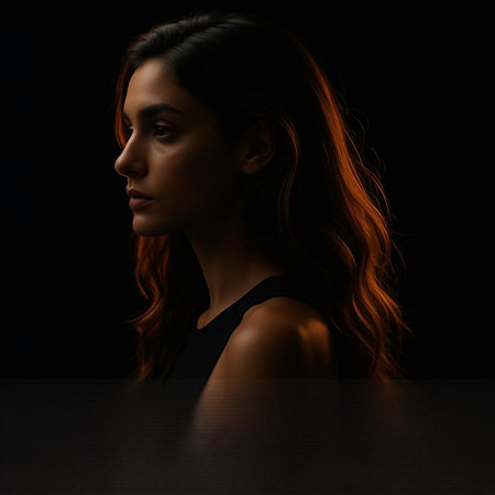 Portrait of a beautiful young woman sitting at a table on a black backgroundの写真素材