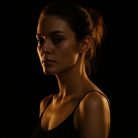 Portrait of young beautiful woman on black background. Studio shot.の写真素材