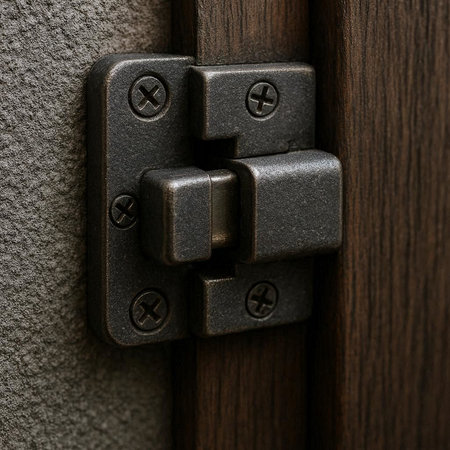 A closeup shot of a door hinge on a wooden door.