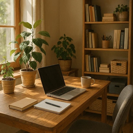 Laptop, notebook and coffee cup on wooden table in cozy living roomの写真素材