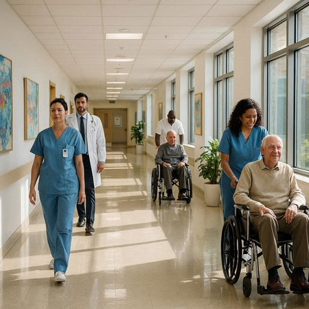 Group of healthcare workers walking in hospital corridor with senior man in wheelchairの写真素材